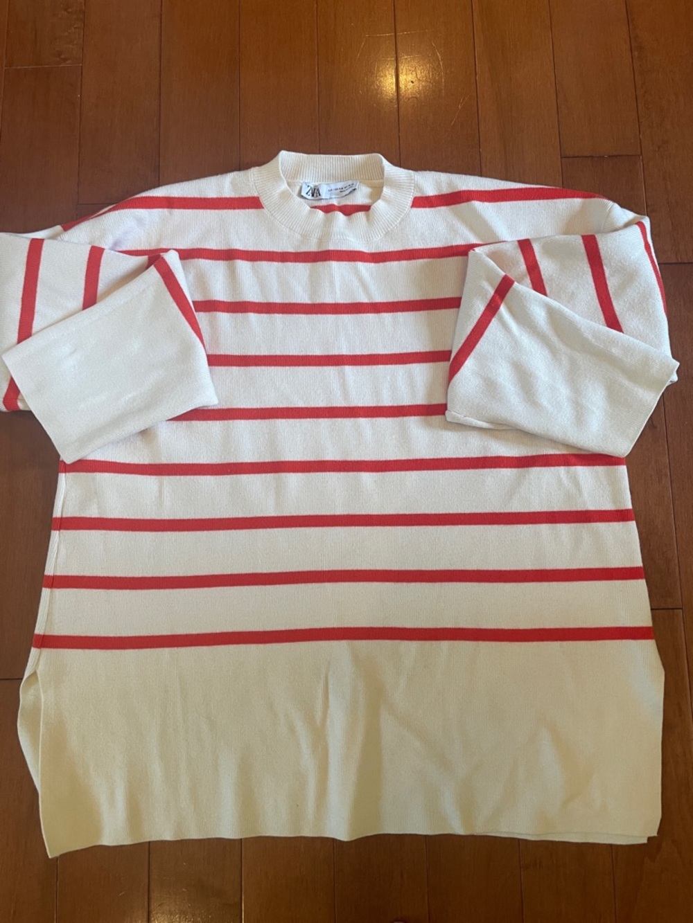 Zara Cream Crewneck Sweater with Red Stripes